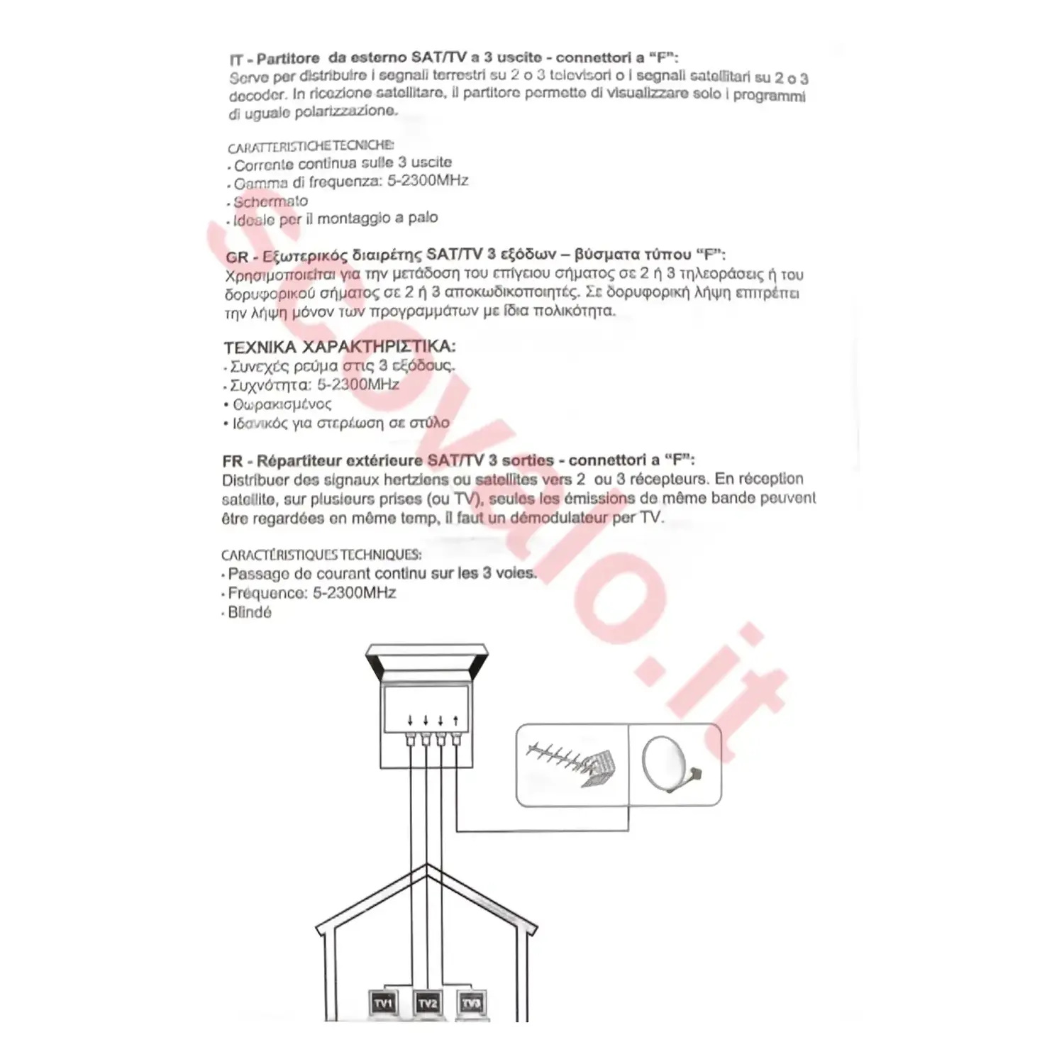 immagine partitore esterno palo antenna tv o sat 5-2300MHz 1 ingresso 3 uscite