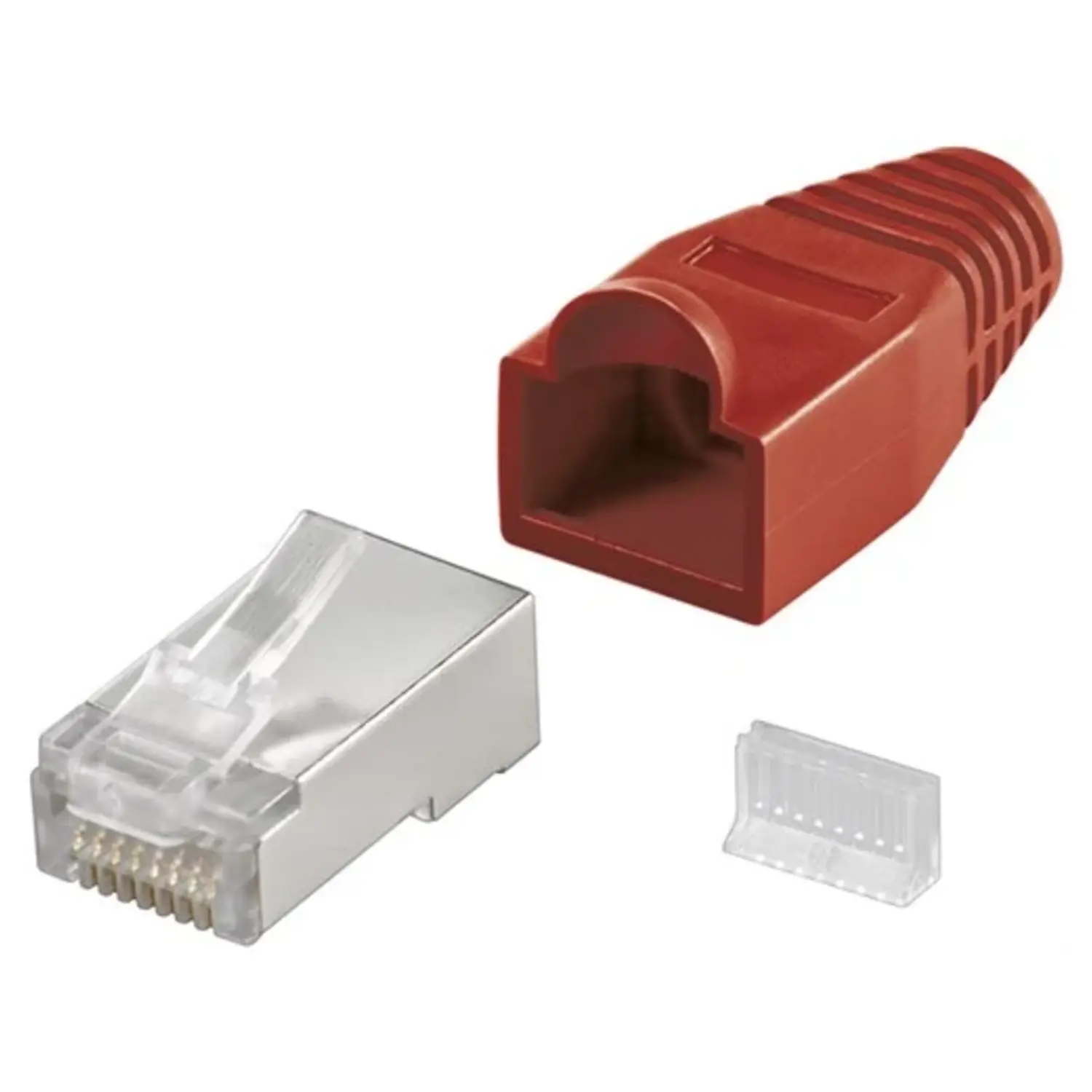 immagine del prodotto spina rj45 cat 5e plug di rete schermato per cavo tondo con guaina rosso